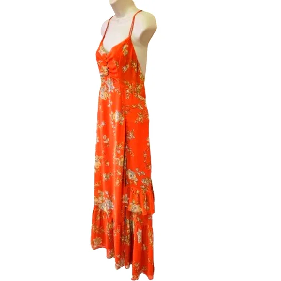 Urban Outfitters Orange/Yellow MultiColor Floral Strappy Ruffle Maxi Dress,Large - Picture 14 of 16